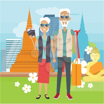 Travel in old age vector concept. Flat design. Elderly couple with baggage and documents rest in Thailand. Grandparents summer vacation. Picture for travel agency ad, recreation retired illustrating.