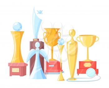 Trophy collection including glass figurine, gold cup and statuette on wooden holder and brilliant medal flat vector illustration isolated poster.