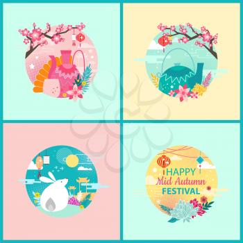 Happy mid autumn festival set, vector banner. Rabbit and teapot, cherry blossom and flowers, moon in clouds and paper lantern, cartoon style icon