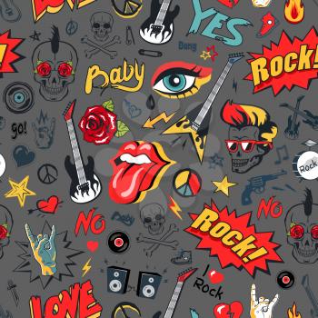 Rock elements seamless pattern. Guitar and loudspeakers, tongue and horned fingers, peace sign of hippie and electric guitars vector illustration