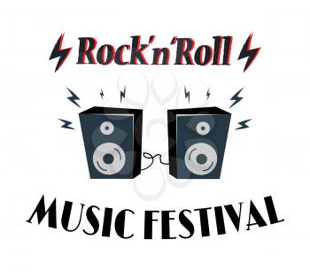 Rock-n-roll music. Stereo loudspeakers with cables. Heavy sounds playing bolts, electric guitars melody in speakers isolated on vector illustration