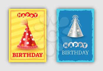 Happy birthday colorful poster with festive hats isolated on blue and striped yellow backgrounds, decorated cones with floral and geometric ornaments