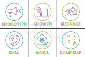 Modern gadgets functions linear icons. Promotion and growth buttons, message or email storages, call symbol, calendar outline vector illustrations.
