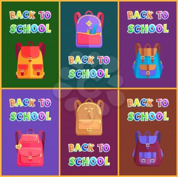 Back to school poster with schoolbags, rucksacks and handbags for children, kids and pupils. Vector college supplies for books and drawing utensils.