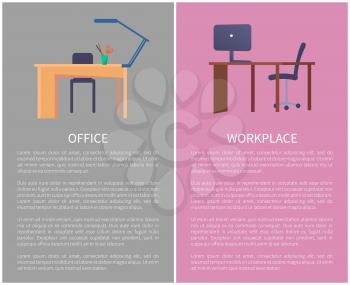 Office workplace web posters with empty tables and chairs, lamps on desks, laptops for work set of online pages with push buttons and text samples