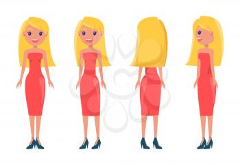 Blonde in stylish outfits from all sides set. Girls wears elegant red dress. Women and dresses cartoon vector illustrations summer animated mode.