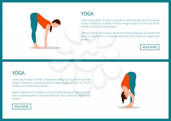 Yoga healthy physical training poster with sporty girls, forward hold and hands to feet postures example, text sample, cartoon vector illustrations.