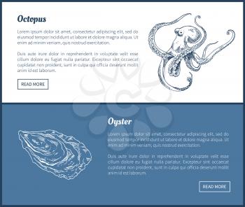 Octopus and oyster seafood double color graphic. Hand drawn set, decorative icons of ocean animals restaurant menu vector vintage template sketch.