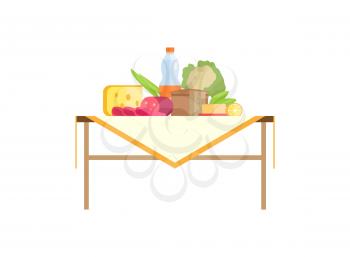 Tasty food and bottle of drink on table. Cheese triangle, sausage near bread, batter on plate, cauliflower behind half of orange vector illustration.
