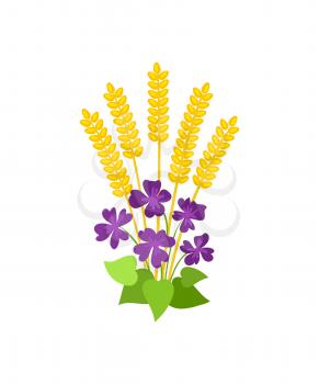 Autumn flowers and ear of wheat isolated icons set vector. Crop and autumnal bouquet decoration, plant with petals and leaves. Blooming and blossom