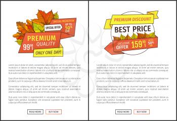 Super sale special offer up to 50 percent off promo online posters with foliage and info about discounts. Exclusive products on autumn sale advert tags