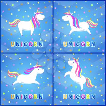 Girlish unicorns with rainbow mane and sharp horn set of greeting cards. Mysterious horse from fairy tales or legends. Childish animal character vector