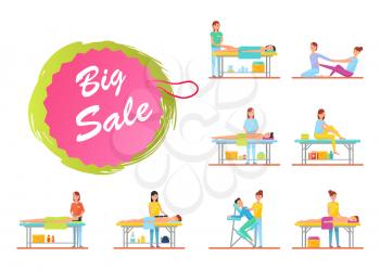 Big sale offer on massage and massaging procedures set vector. Masseuses working with clients using oils and aroma candles for relaxation of patients