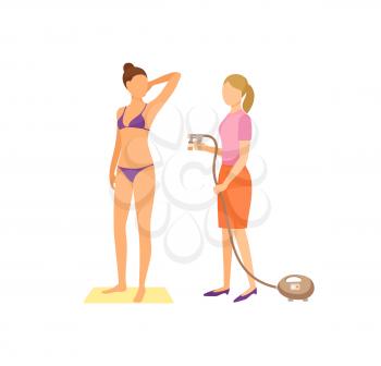 Spa procedures in salon cartoon vector banner isolated on white. Girl wearing swimsuit and worker in suit with equipment tiny machine with hose in hand