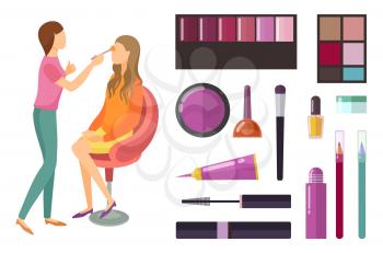 Visage and makeup making beauty cosmetics set products vector. Palette of eyeshadows, mascara and lipstick, foundation and lotion. Client and expert