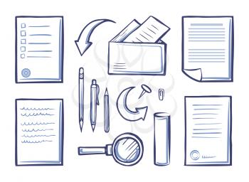 Office papers and magnifying glass, set vector. Monochrome sketches outline icons, pen and pencil with envelopes and messages. Letters with pages