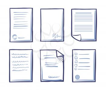 Signed contract with text and signature vector. Commercial documentation template, web appliance letter samples. Set of office papers isolated icons.