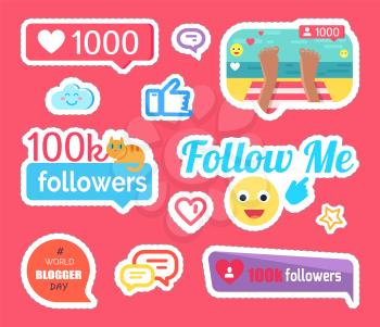 Follow me followers and likes, set of isolated stickers vector. Chatting box with text best blogger world day. Hearts and thumb up, star and emoji