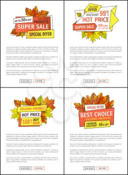 Exclusive offer only on Thanksgiving special price 159.90 and 99.90 templates. Sale promo posters with maple leaves, oak foliage autumn symbols adverts