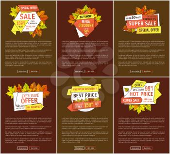 Promo autumn or fall discounts half price advertising online web posters or pages with text sample vector. Limited time buy now super offer autumnal sale