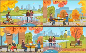 Cafe table and coffee cups autumn park and activities of people set vector. Couple on bridge, biker on road, woman talking on phone, trees and foliage