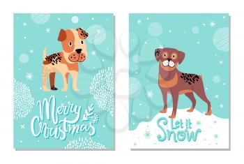 Merry Christmas and let it snow postcards with dogs. Boxer surrounded with snowflakes and rottweiler on snowdrift isolated vector illustrations.