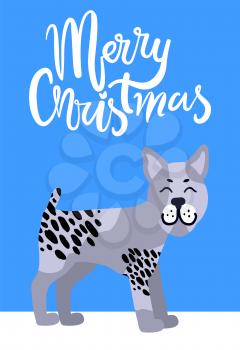 Merry Christmas greeting card with smiling grey dog with black spots profile view vector illustration isolated on blue background with text
