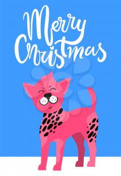 Merry Christmas festive postcard with Chinese crested dog that has bright pink fur and black spots cartoon vector illustration on blue background.