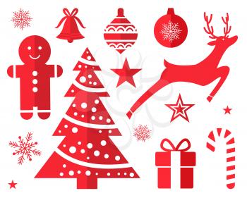 Christmas symbols and decorations drawn in red isolated on white background. Vector illustration with xmas tree with reindeer and present in festive box