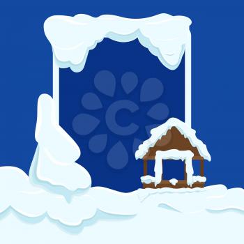 Wooden garden house wall with window without glass covered with snow. Big frame near brown hut wall, white tree and ground under huge pile of snow vector winter picture with dark blue background