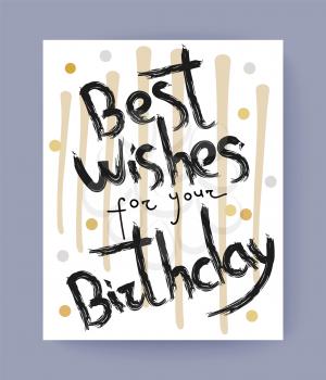 Best wishes for your Birthday congratulation on light background in gray frame. Vector illustration with colorful festive poster decorated with doodles