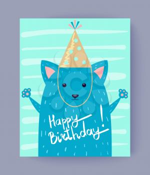 Happy Birthday congratulation on light postcard with blue cute fox in cap. Vector illustration with animal on light blue background