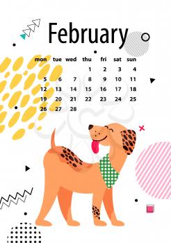 February page of calendar with cute dog in colorful collar on white background. Vector illustration with happy 2018 year symbol due Chinese calendar