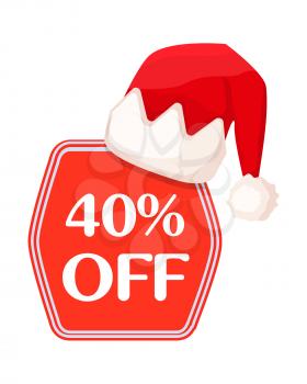 40 OFF inscription of white letters in red festive Christmas label in cartoon style. Vector flat icon of isolated tag on white showing huge price reduction for goods in New Year holidays period