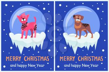 Merry Christmas and happy New Year doggy congrats set of posters with 2018 year symbol due Chinese calendar, vector illustration with spotted puppies