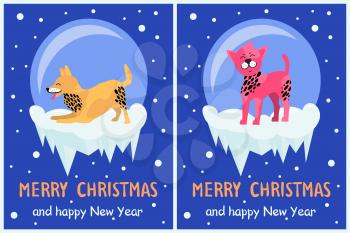 Merry Christmas and happy New Year dog symbol in snowy bubble on dark background. Vector illustration friendly puppies of beige and pink color with dots