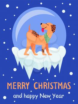 Merry Christmas and Happy New Year 2018 symbol happy dog on dark snowy background. Vector illustration with cute smiling pet in colorful collar
