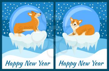 Happy New Year set of posters, dog depicted in side poses and placed on ice, snowflakes and cold weather outside on vector illustration greeting card