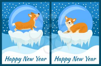 Happy New Year congratulation from playing on snow corgi on blue background with snowfall. Vector illustration with cute dog Chinese symbol of coming year