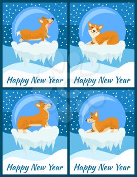 Happy New Year set of posters, sitting dog depicted in different poses and placed on ice, snowflakes and cold weather outside on vector illustration
