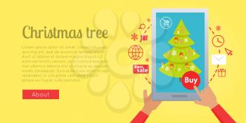 Colourful cartoon web banner of online buying process of xmas tree via the Internet. Vector illustration in flat design of hands holding modern gadget with decorated evergreen tree inside on blue.