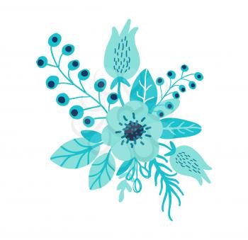 Floristic composition with wild flowers and forest herbs with berries in blue colors isolated cartoon flat vector illustration on white background.