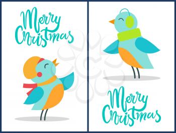 Marry Christmas, birds set, that are dressed in hats and warm scarves of green and yellow colors, vector illustration isolated on white background
