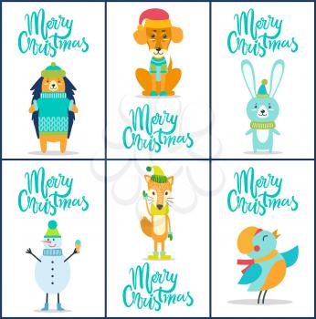 Merry Christmas, collection of similar placards with headlines and images of hedgehog and dog, rabbit and snowman, fox and bird vector illustration