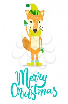 Merry Christmas greeting card with red fox in warm hat, cozy scarf, wool mittens and comfortable winter boots isolated vector animal with big fluffy tail.