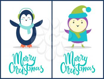Merry Christmas, collection of compositions made up of images of penguin with scarf and bird with green hat, and headlines on vector illustration