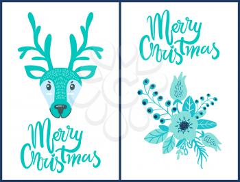 Merry Christmas, collection of banners with reindeer of blue color with horns, flower composition, images and decorated headlines vector illustration
