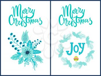 Merry Christmas, set of stickers that are made up of flourishing ice flower with leaves, wreath and title inside of it, ball on vector illustration