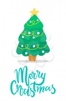 Merry Christmas, icon of evergreen tree, decorated with balls and toys, garlands and golden star shining on its top isolated on vector illustration