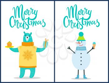 Merry Christmas bright posters with congratulation on white background. Vector illustration with snowman in scarf and bear in knitted sweater with gift